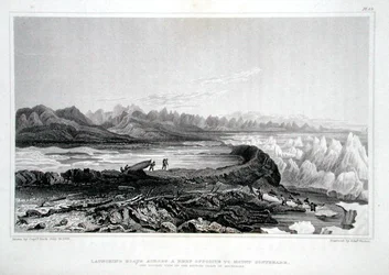 Sjösättning av båtar över ett rev mittemot Mount Conybeare, från "Narrative of a Journey to the Shores of the Polar Sea in the Years 1819-22" av Sir John Franklin (1786-1847) graverad av Edward Finden (1791-1857) publicerad 1823 -28 (färggravyr)