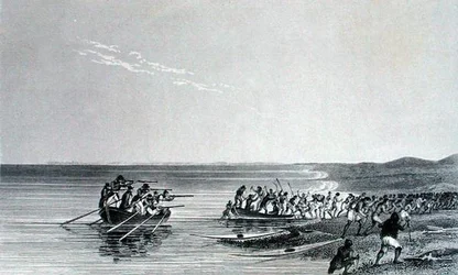 Båtarna kommer flytande, från "Berättelse om en andra expedition till polarhavets stränder under åren 1825-27" av Sir John Franklin (1786-1847) graverad av Edward Finden (1791-1857) publicerad 1828 (gravyr)
