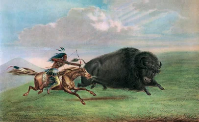 Tryck efter Buffalo Hunt av George Catlin, ca 1920 (screenprint)