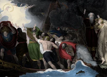Prospero och Miranda, till höger, står på ön när sjömännen är skeppsbrutna