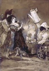 Cafe con leche caliente (efter Goya) (gouache på gessomålad tavla)