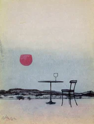 Förskjutet rött vin från glas på bordet utanför blir den nedgående solen (penna med tvätt & gouache på kortet)