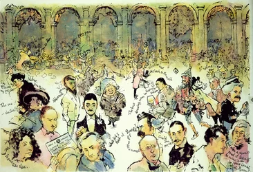 Kända ansikten utanför Florians på Piazza San Marco, Venedig, ca 1990 (gouache på hardboard med bläck på acetatöverlägg)