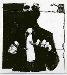 Illustration för Nursing a Blind Patient en artikel i Nursing Times, publicerad 30 oktober 1975 (bläck på acetat)
