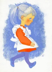 Liten flicka med förkläde, 1970-tal (gouache på gessoed hardboard)