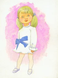 Little Girl with Bow, 1970-tal (gouache på gessoed hardboard)