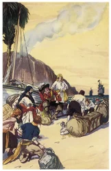 Piraten Henry Morgan delar skatten med Maracaibo-illustrationen från "The Pirates of Panama or the Buccaneers of America" av George Albert Williams (1875-1932) 1914