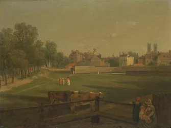 En västerländsk vy av en del av Westminster och Bird Cage Walk, från Mill House (olja på panel)