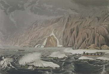 Expedition som fördubblar Cape Barrow, 25 juli 1821, från Berättelsen om en resa till polarhavets stränder under åren 1819-22 av Sir John Franklin (1786-1847) graverad av Edward Finden (1791-1857) pu