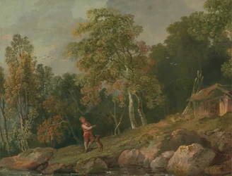 Skogbevuxen landskap med en pojke och hans hund