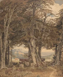 Nötkreatur och får som vilar i kanten av en skog, ca. 1840.