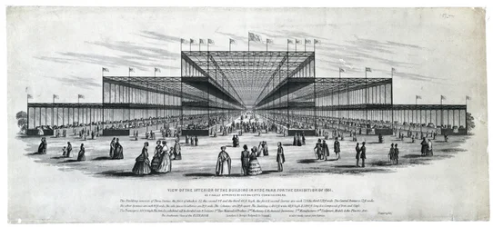 Vy över interiören i byggnaden i Hyde Park för utställningen 1851. Såsom slutligen godkänts av Her Majesty
