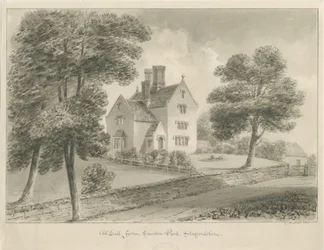 Sandon - Old Hall Farm: sepiatvättteckning