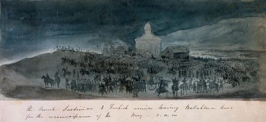 De franska, sardiska och turkiska arméerna lämnade Balaklavas linjer för en spaning, 1854 ca.