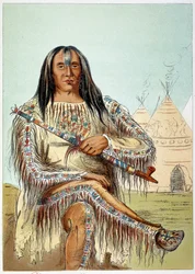 Amerikanska indianer: Porträtt av en ledare för svartfotsstammen (svarta fötter) i åldern cirka 50. Illustration av George Catlin (1794-1872)