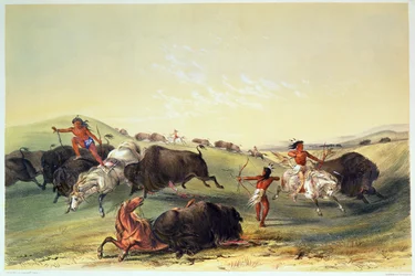 Buffalo Hunt, tallrik 7 från Catlins North American Indian Collection, graverad av McGahey, Day och Haghe