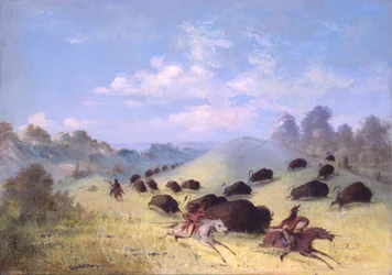 Comancheindianer som jagar bison med lansar och bågar, 1846-1848
