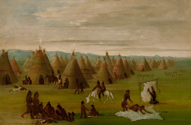 Comanche Village, kvinnor klär på sig kläder och torkar kött