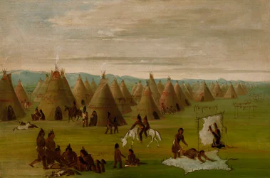 Comanche Village, Kvinnor som klär kläder och torkar kött, 1834-1835.