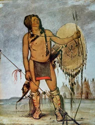 Comanchekrigare med sköld, lans, båge och pilar, ca 1835