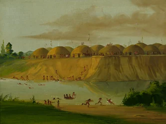 Hidatsa Village, jordtäckta loger, vid Knife River, 1810 Miles ovanför St. Louis, 1832.