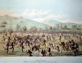 Indian of America: ett bollspel i en stam av Red Skins. Tryck av George Catlin (1794-1872) Privat samling från 1800-talet