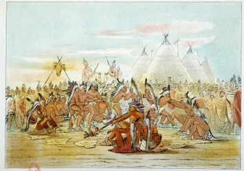 Indians of America: Assiniboin-stam som liknar Sioux-dansande pipdans. Illustration av George Catlin (1794-1872)