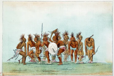 Indians of America: Black Hawk-stammen som dansar tiggardans för turister. Illustration av George Catlin (1794-1872)