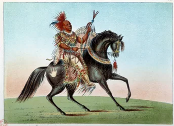 Indians of America: Ridsporträtt av en indianhövding från stammen Sachsen och rävar. Illustration av George Catlin (1794-1872)