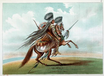 Indians of America: Indiska miniatyrer som jagar vilda hästar vid foten av Klippiga bergen. Illustration av George Catlin (1794-1872)