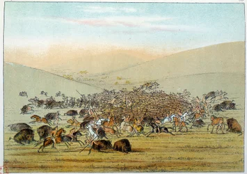 Indians of America: Indiska miniatyrer som jagar buffel med spjut. Illustration av George Catlin (1794-1872)