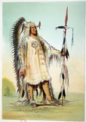 Indians of America: Mah-To-Toh-Pa (Mah To Toh Pa), andra Mandan-hövdingens klänning. Illustration av George Catlin (1794-1872)