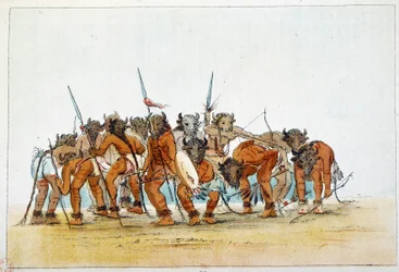 Indians of America: Möte av Mandans krigare med sin trofé av buffelhuvud på huvudet. Illustration av George Catlin (1794-1872)