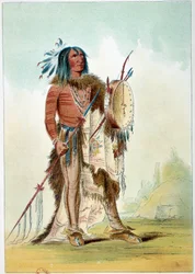 Indians of America: Porträtt av en indianhövding som blev läkare har en tam tam (tam-tam) där det finns botemedel. Illustration av George Catlin (1794-1872)