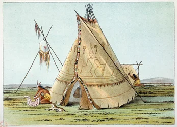 Indians of America: Tipi of the Crows-stammen toppad med piquings av porcuepics. Illustration av George Catlin (1794-1872)