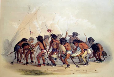 Amerikanska indianer som dansar buffel. Litografi av George Catlin