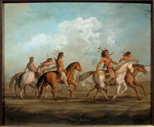 Indians of America on Horseback Målning av George Catlin (1794-1872) (ec.bitter.) 1800-talets La Rochelle, Musee du Nouveau Monde - Indianer till häst. Målning av George Catlin (1794-1872) (American School)