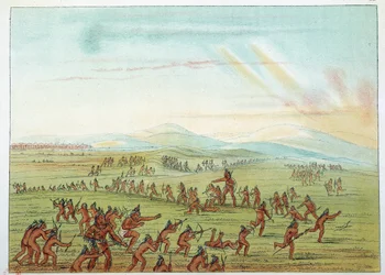 Indians of America: undervisning i jakt för Mandans barn mellan 7 och 15 år. Illustration av George Catlin (1794-1872)