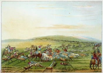 Indians of America: stam av indianer med hästar och hundar. Illustration av George Catlin (1794-1872)