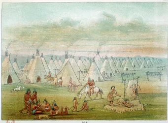 Indians of America: village commanche tälten är gjorda av bisonskinn. Illustration av George Catlin (1794-1872)