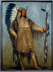 Hellängdsporträtt av en indiedirigent i festlig kostym Målning av George Catlin (1794-1872)