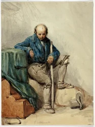 Skallig man sittande på ägodelar (recto); dam i gul klänning (verso)