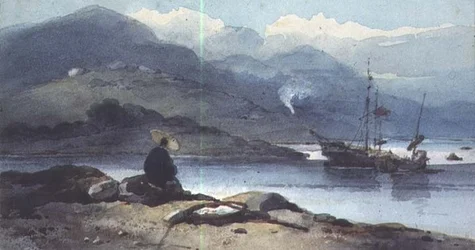 En kinesisk flod med en figur på stranden