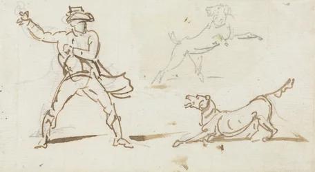 En man som kastar en boll till en hund (penna och grafit på papper)