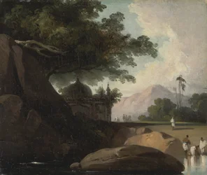 Indiskt landskap med tempel
