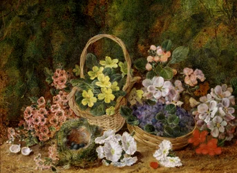 Vårblommor och fåglar som häckar på en mossbank. Målning av George Clare (1835-1899) Privat samling.