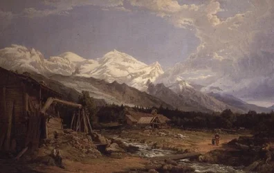 Alpinlandskap med figurer vid en fjällbäck