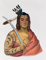 Mou-Ka-Ush-Ka eller "Den darrande jorden", en Yankton Sioux Chief, illustration från "The Indian Tribes of North America", av Thomas L. McKenney och James Hall, pub. av John Grant