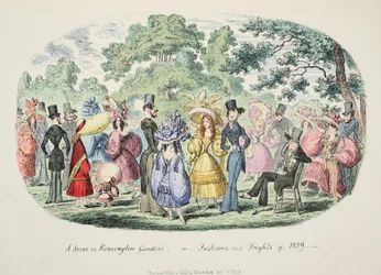 En scen i Kensington Gardens - eller - Fashions and Frights of 1829, pub. 1829 (handfärgad gravyr)