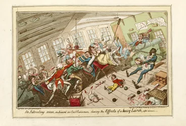 En intressant scen ombord på en ostindiefarare, som visar effekterna av en kraftig slagsida, pub.1818 (färgad etsning)